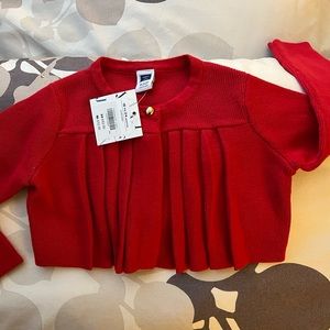 Red Janie and Jack baby cardigan with gold button.